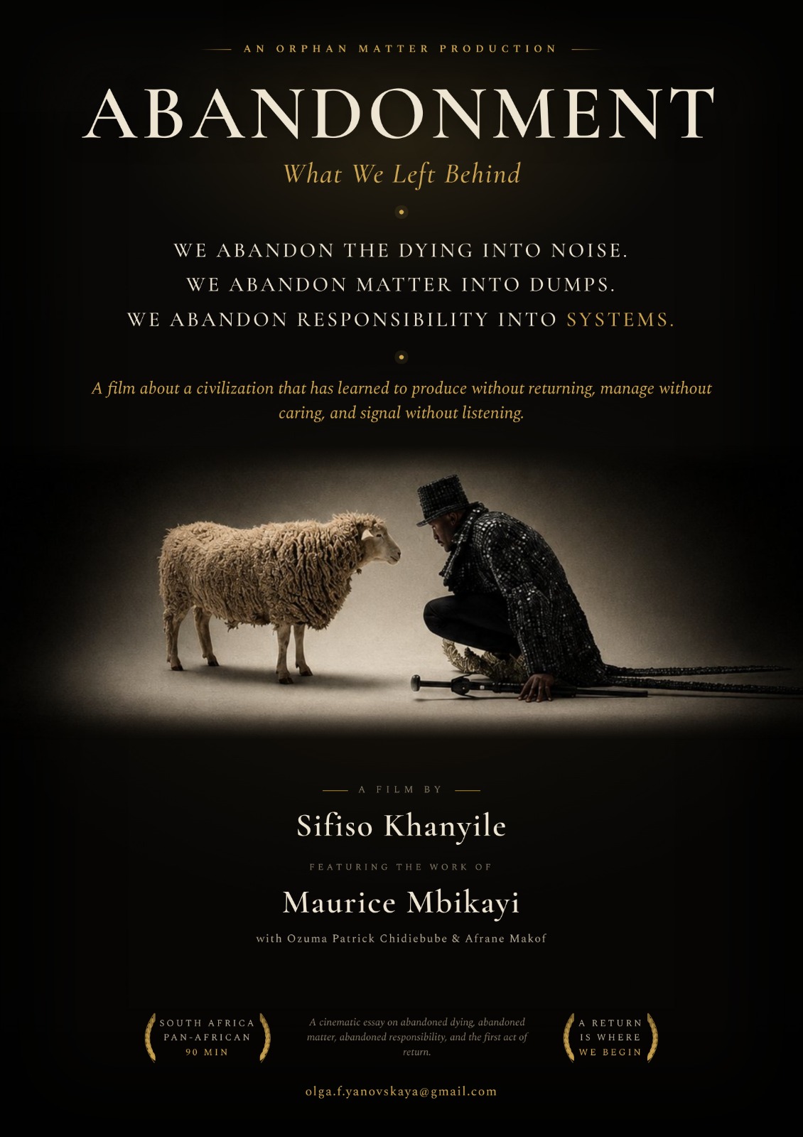ABANDONMENT: What We Left Behind film poster, featuring Maurice Mbikayi in a keyboard-key coat kneeling before a sheep