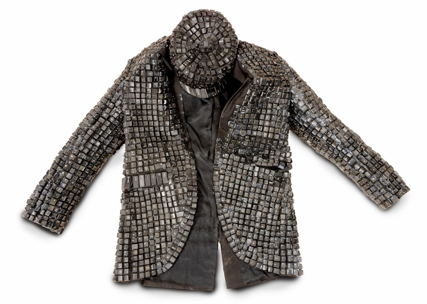 Maurice Mbikayi wearable sculpture: Techno Jacket, a jacket assembled entirely from computer keys