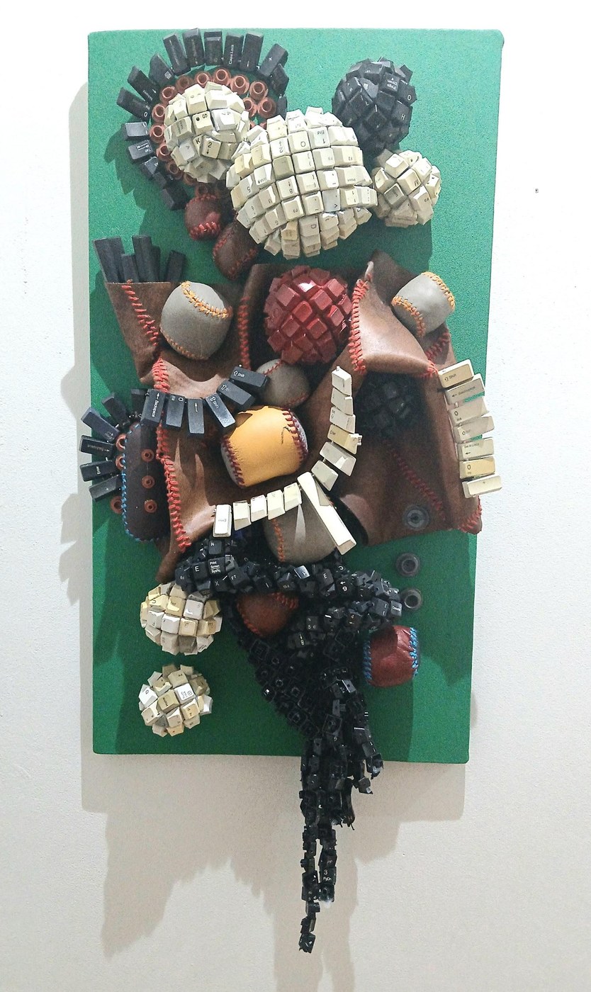 Maurice Mbikayi mixed-media work: Digital DNA 2, leather and computer keys on canvas