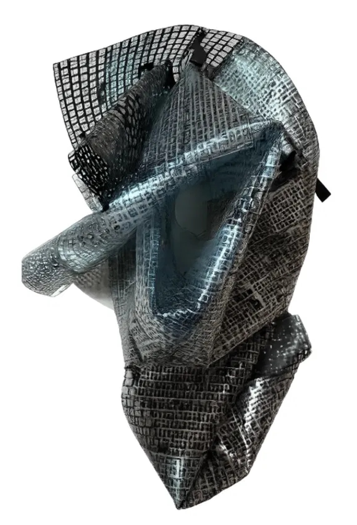 Mesh-covered mask sculpture with a visor-like eye slit, work titled Keyboard Membrane by Ozuma Patrick Chidiebube